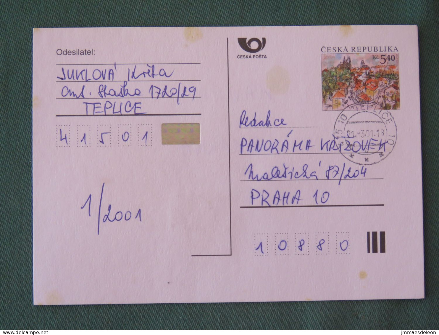 Czech Republic 2001 Stationery Postcard 5.40 Kcs Prague Sent Locally - Briefe U. Dokumente