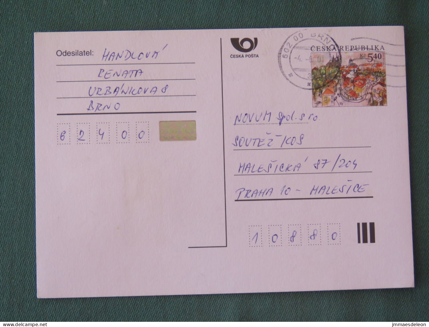 Czech Republic 2001 Stationery Postcard 5.40 Kcs Prague Sent Locally - Brieven En Documenten