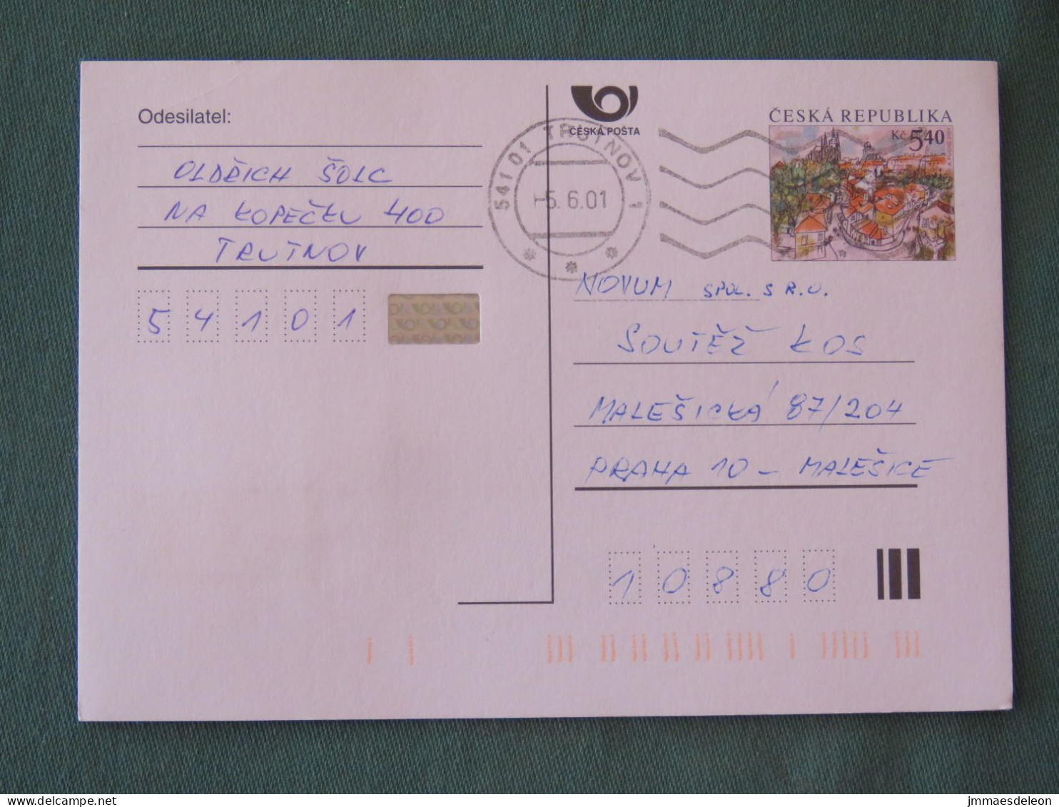 Czech Republic 2001 Stationery Postcard 5.40 Kcs Prague Sent Locally - Brieven En Documenten