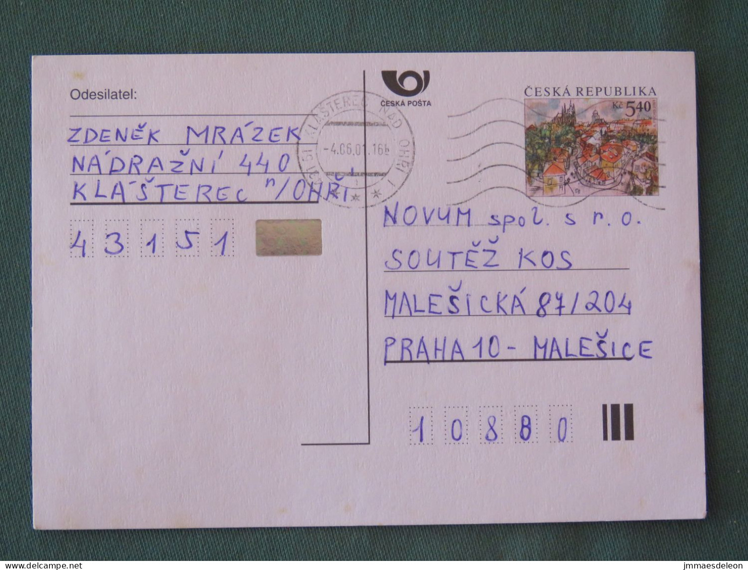 Czech Republic 2001 Stationery Postcard 5.40 Kcs Prague Sent Locally - Briefe U. Dokumente