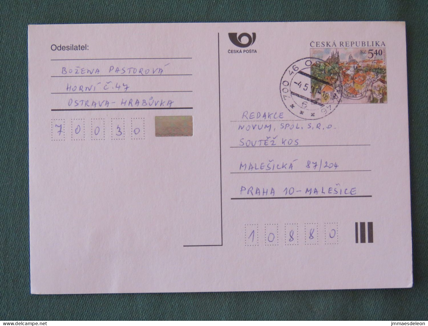 Czech Republic 2001 Stationery Postcard 5.40 Kcs Prague Sent Locally - Covers & Documents