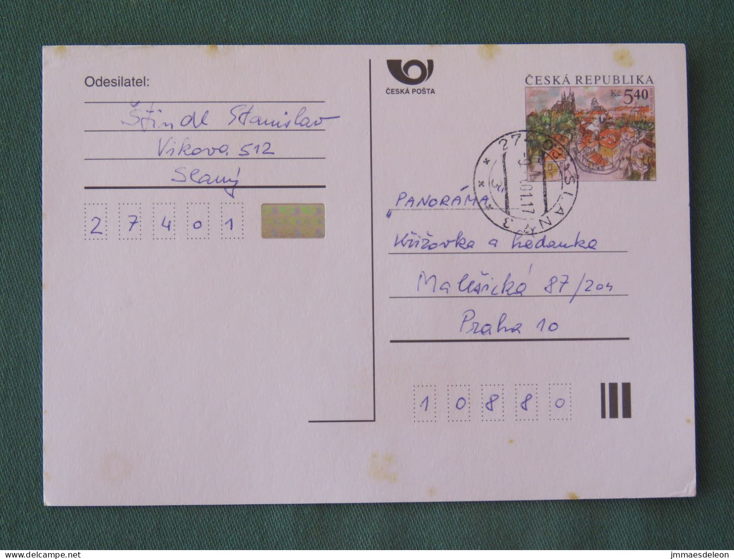 Czech Republic 2001 Stationery Postcard 5.40 Kcs Prague Sent Locally - Covers & Documents