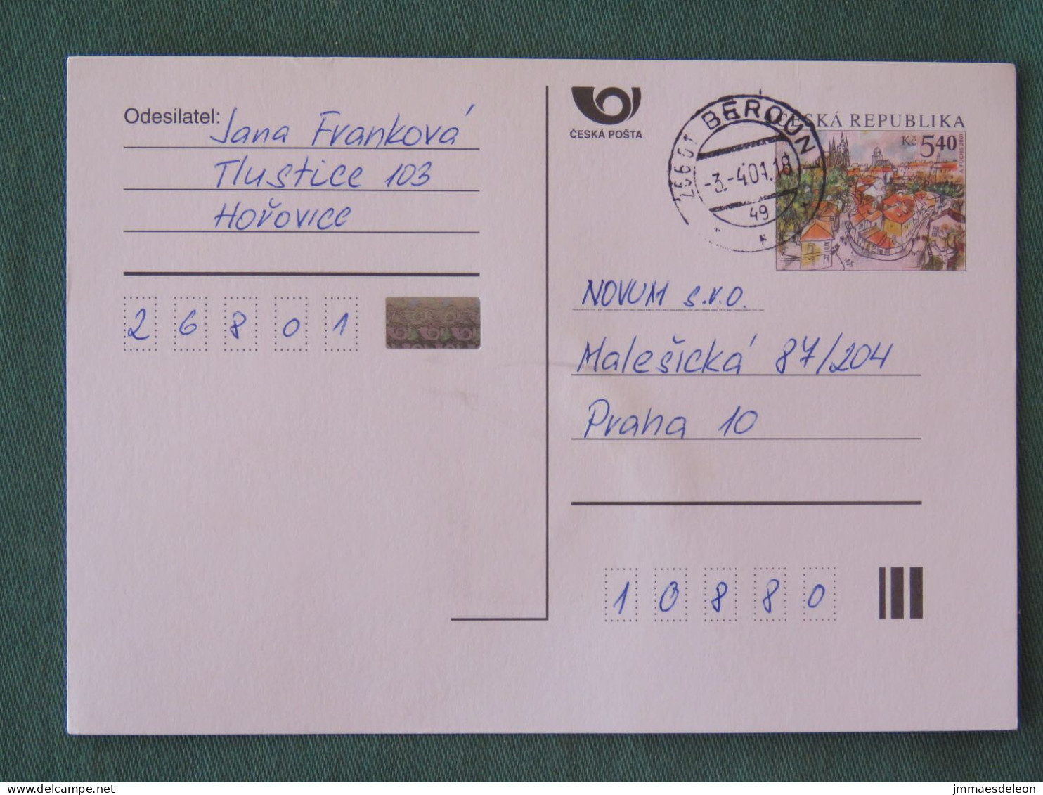 Czech Republic 2001 Stationery Postcard 5.40 Kcs Prague Sent Locally - Storia Postale