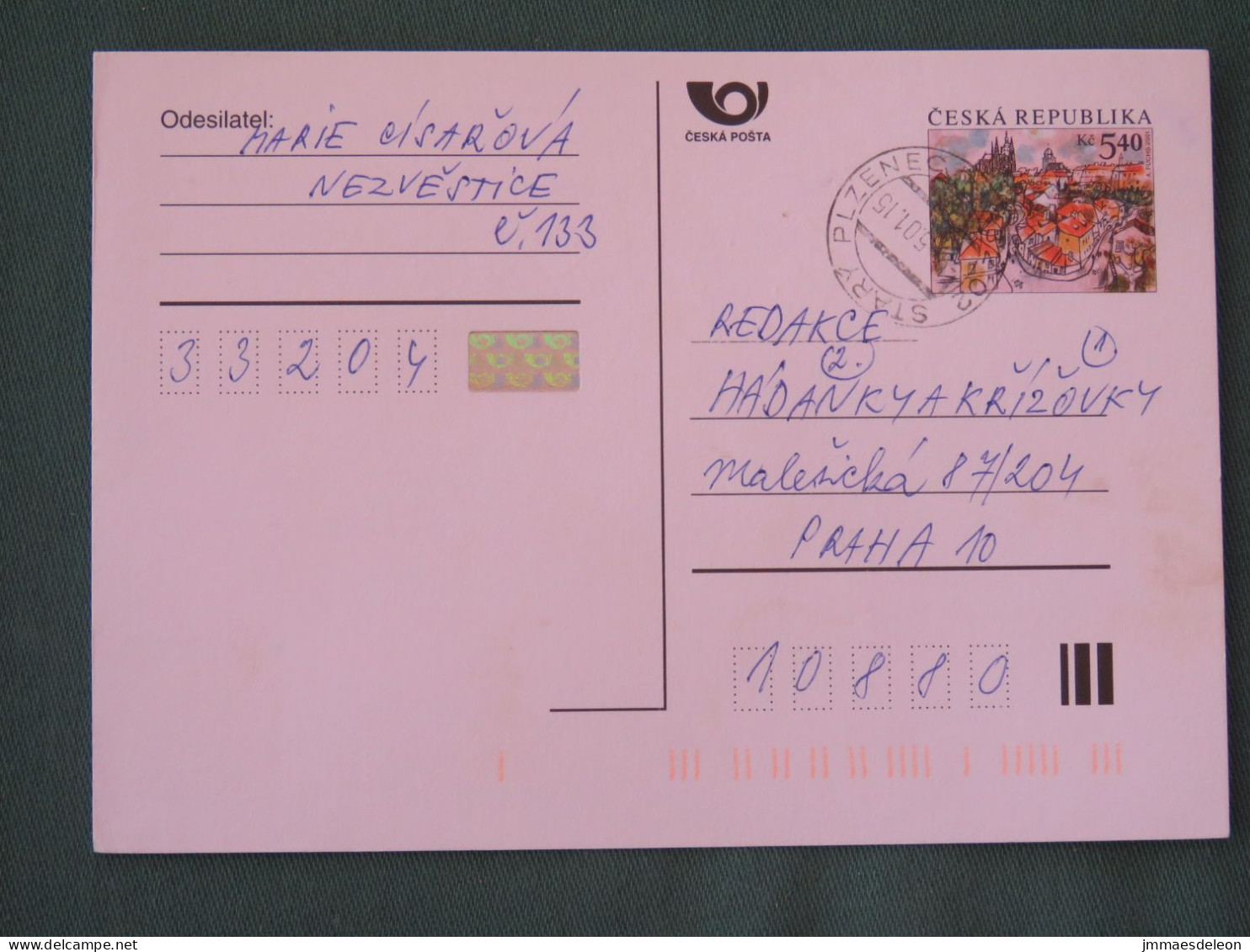 Czech Republic 2001 Stationery Postcard 5.40 Kcs Prague Sent Locally - Briefe U. Dokumente