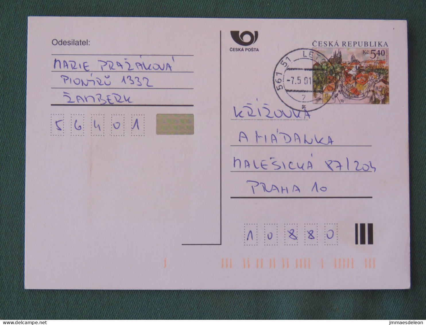 Czech Republic 2001 Stationery Postcard 5.40 Kcs Prague Sent Locally - Brieven En Documenten