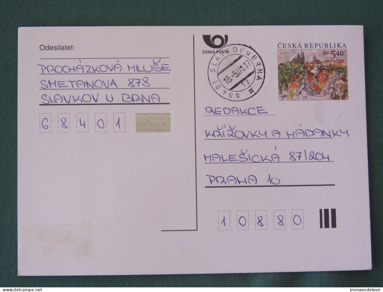 Czech Republic 2001 Stationery Postcard 5.40 Kcs Prague Sent Locally - Briefe U. Dokumente