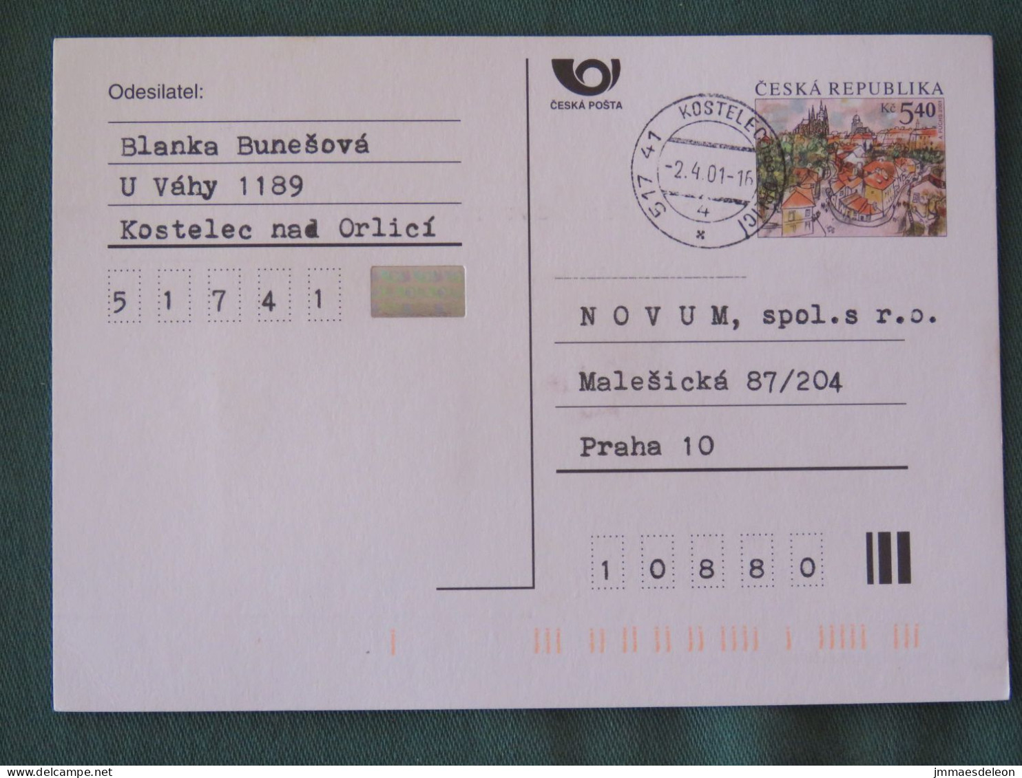 Czech Republic 2001 Stationery Postcard 5.40 Kcs Prague Sent Locally - Brieven En Documenten