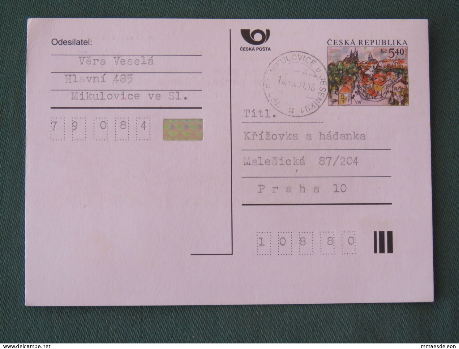 Czech Republic 2001 Stationery Postcard 5.40 Kcs Prague Sent Locally - Covers & Documents