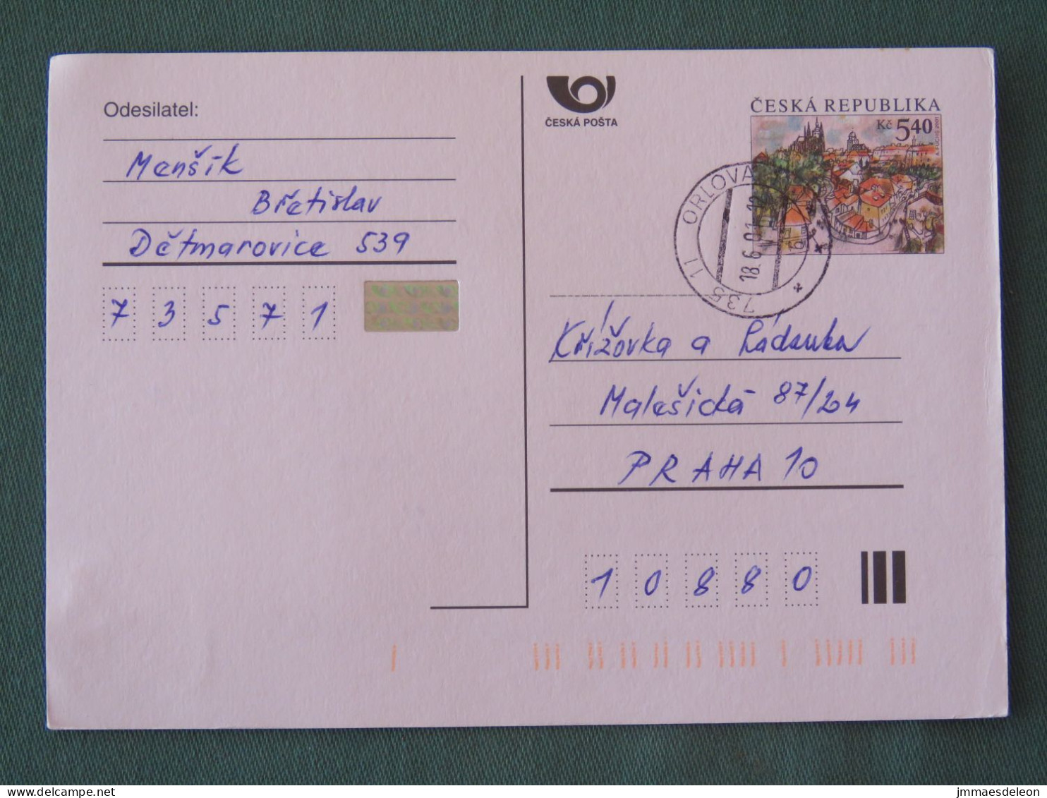 Czech Republic 2001 Stationery Postcard 5.40 Kcs Prague Sent Locally - Briefe U. Dokumente