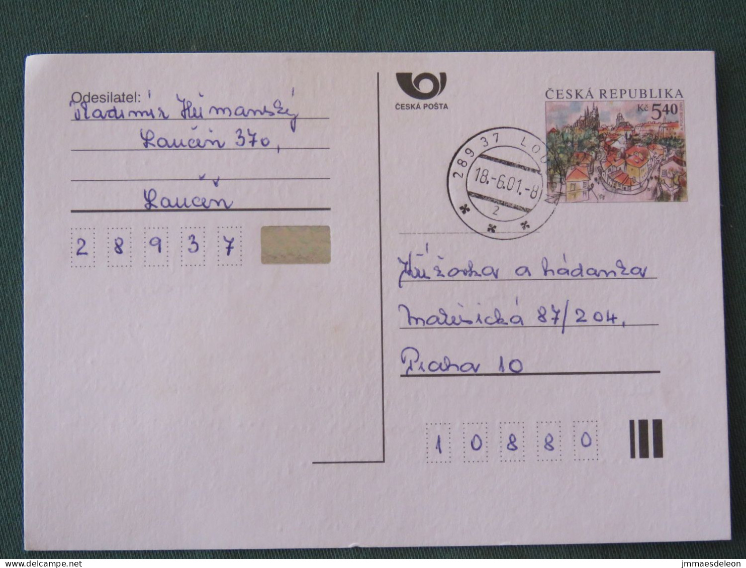 Czech Republic 2001 Stationery Postcard 5.40 Kcs Prague Sent Locally - Storia Postale