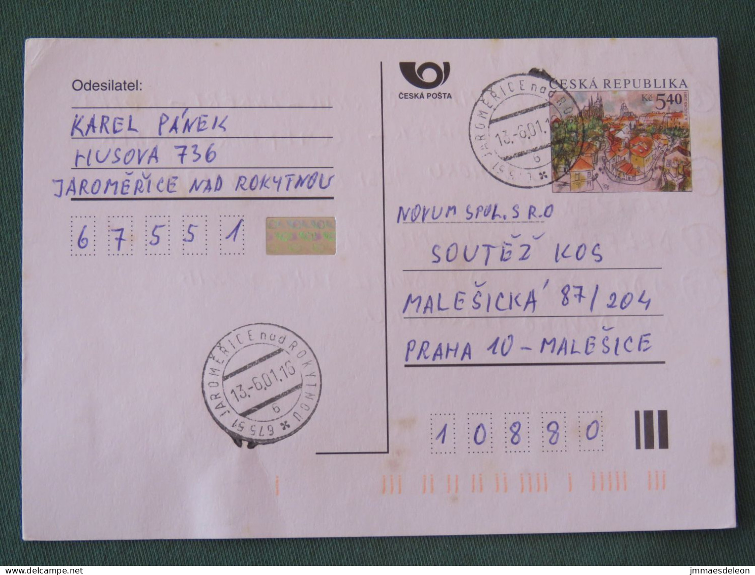 Czech Republic 2001 Stationery Postcard 5.40 Kcs Prague Sent Locally - Lettres & Documents