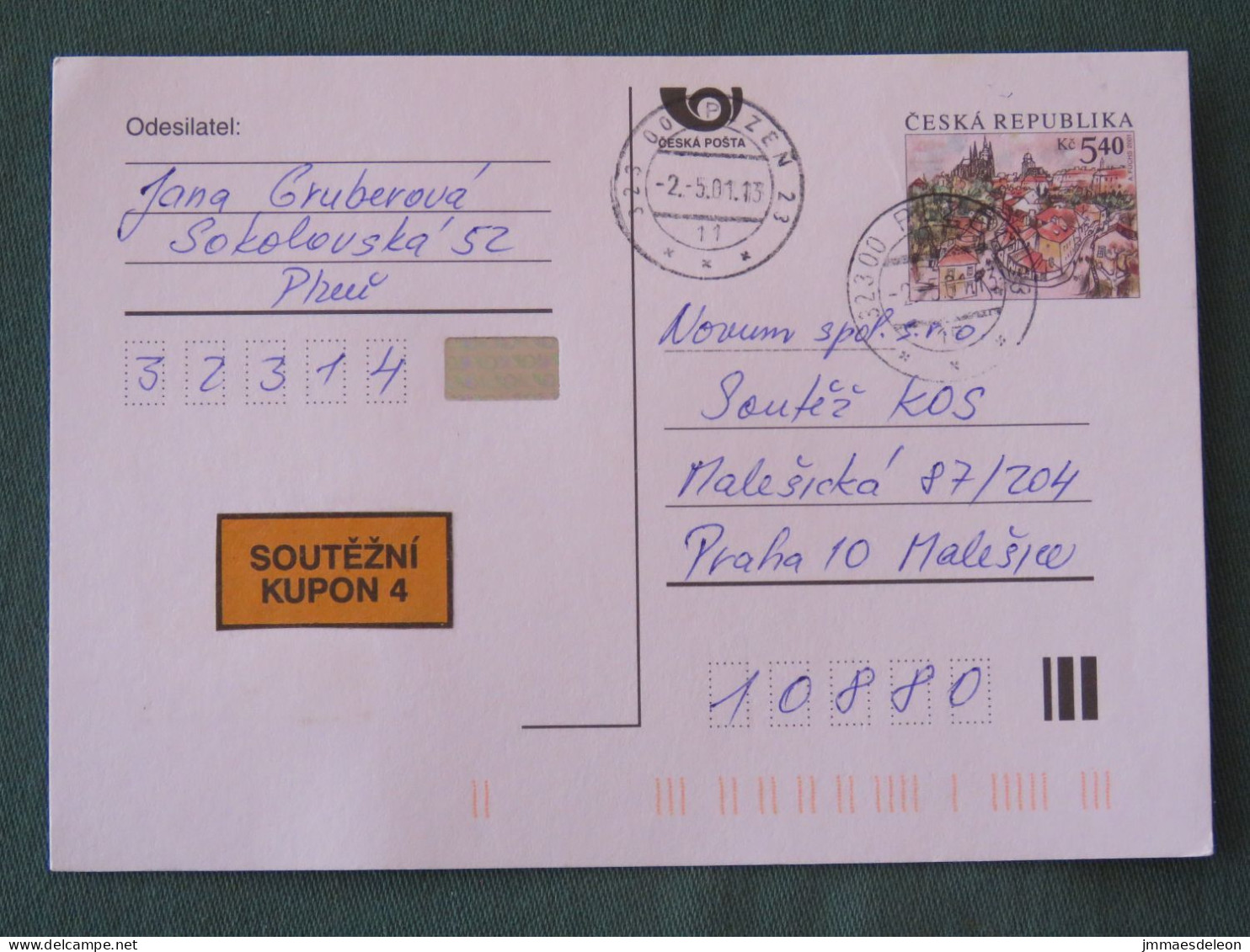 Czech Republic 2001 Stationery Postcard 5.40 Kcs Prague Sent Locally - Briefe U. Dokumente