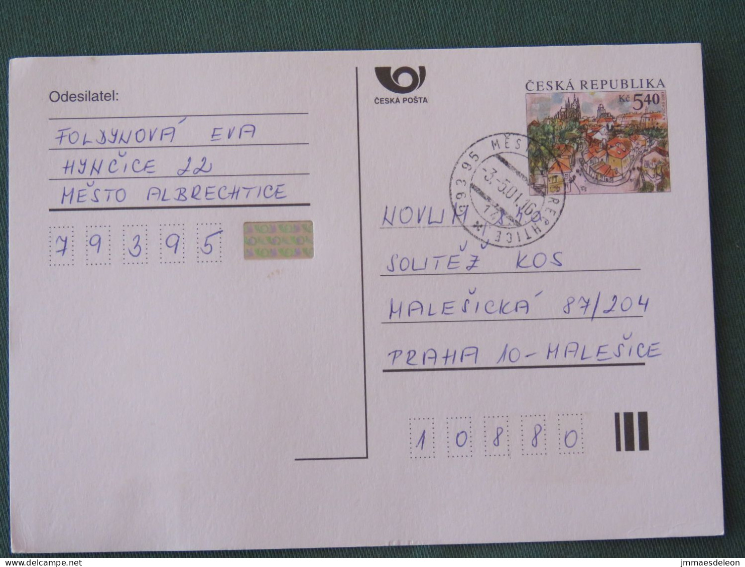 Czech Republic 2001 Stationery Postcard 5.40 Kcs Prague Sent Locally - Storia Postale