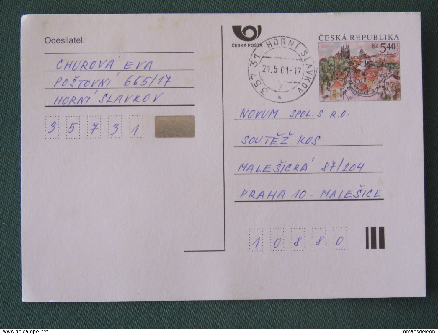 Czech Republic 2001 Stationery Postcard 5.40 Kcs Prague Sent Locally - Brieven En Documenten