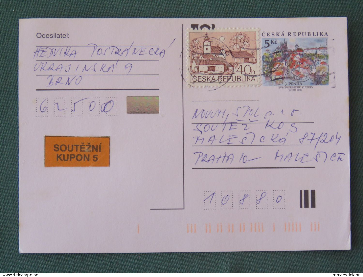 Czech Republic 2001 Stationery Postcard 5 Kcs Prague Sent Locally + Church - Briefe U. Dokumente