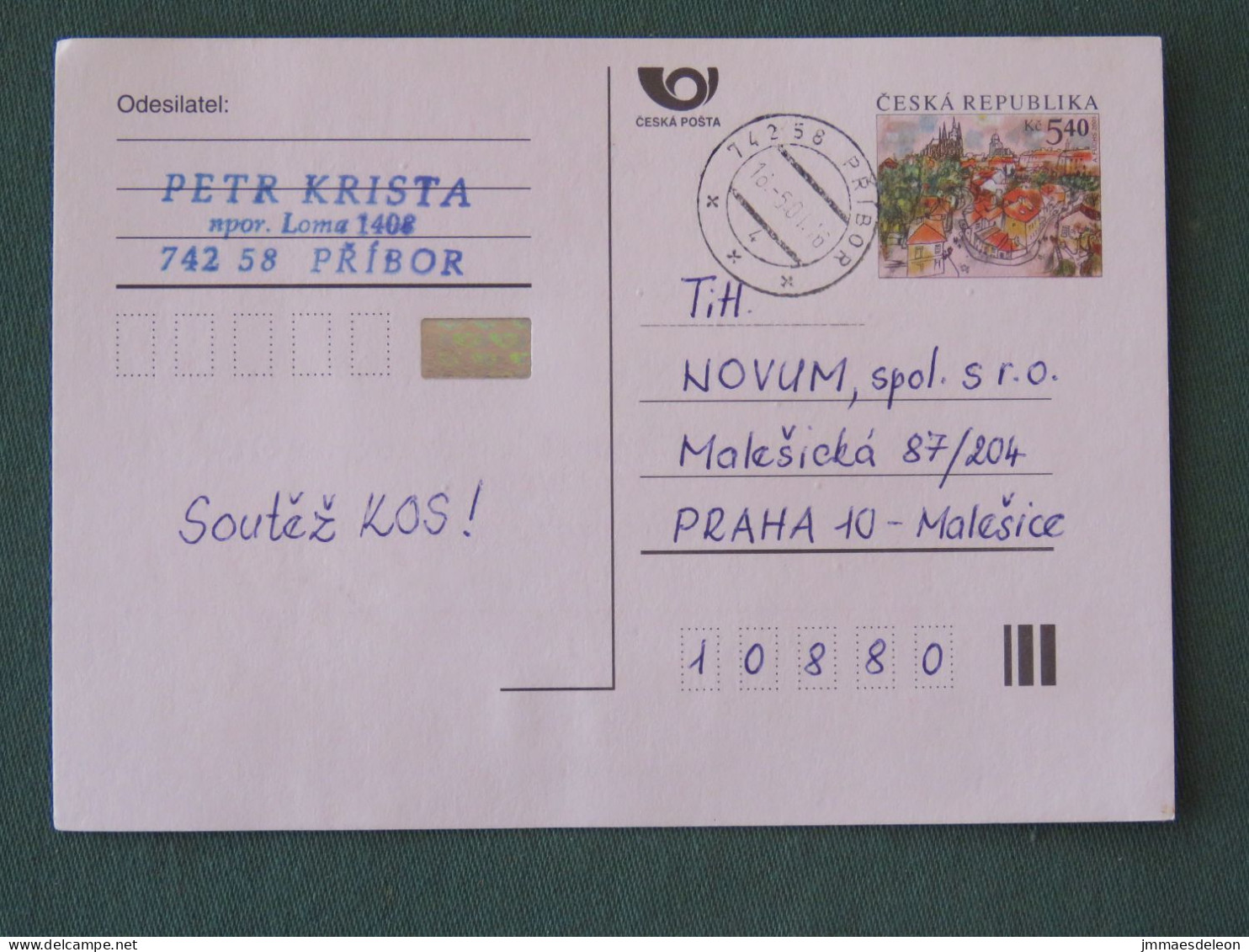 Czech Republic 2001 Stationery Postcard 5.40 Kcs Prague Sent Locally - Lettres & Documents