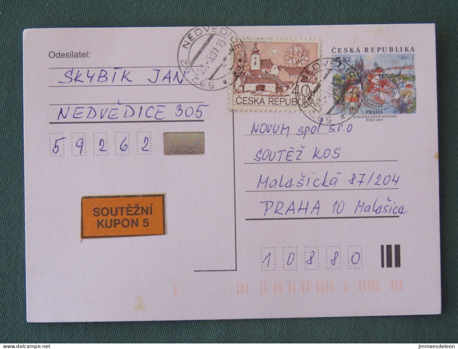 Czech Republic 2001 Stationery Postcard 5 Kcs Prague Sent Locally + Church - Briefe U. Dokumente