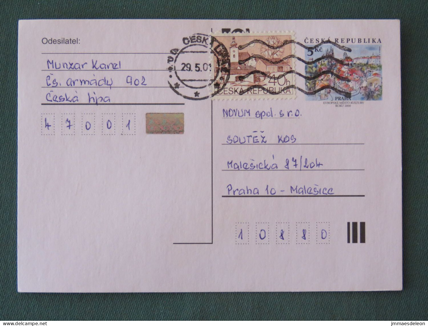 Czech Republic 2001 Stationery Postcard 5 Kcs Prague Sent Locally + Church - Briefe U. Dokumente