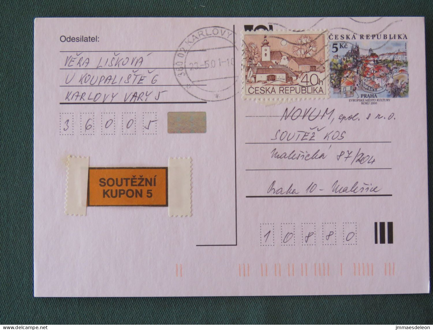 Czech Republic 2001 Stationery Postcard 5 Kcs Prague Sent Locally + Church - Briefe U. Dokumente