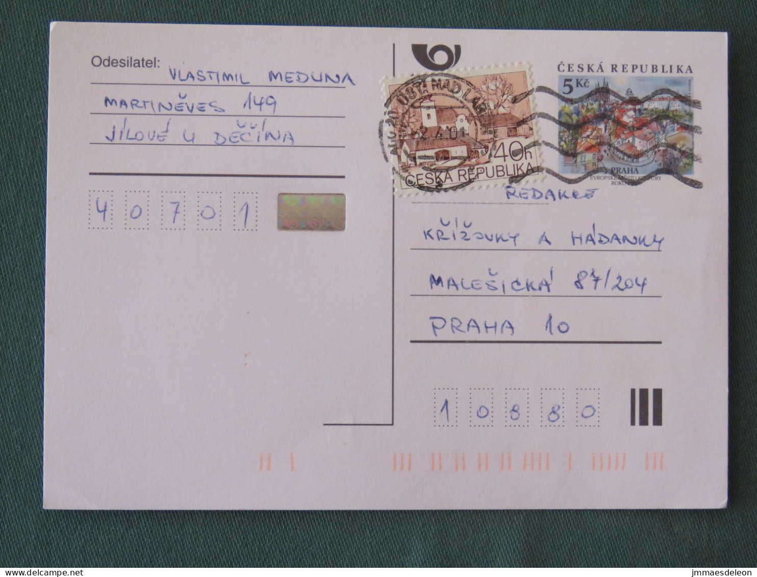 Czech Republic 2001 Stationery Postcard 5 Kcs Prague Sent Locally + Church - Briefe U. Dokumente