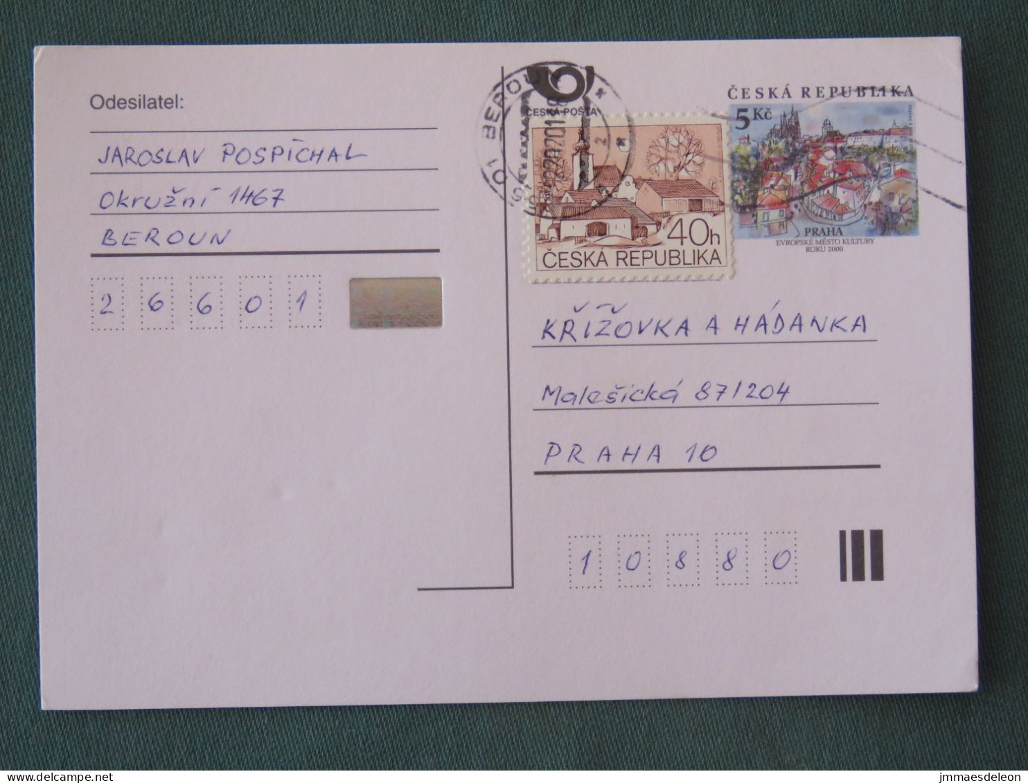 Czech Republic 2001 Stationery Postcard 5 Kcs Prague Sent Locally + Church - Briefe U. Dokumente