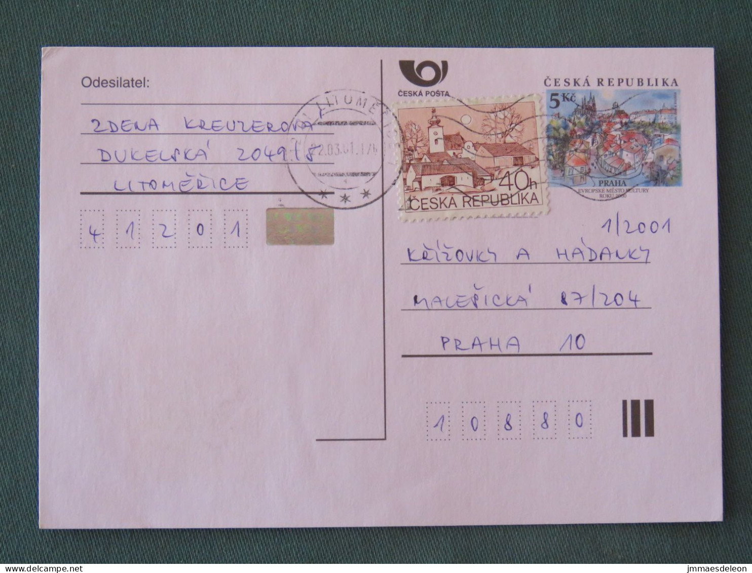 Czech Republic 2001 Stationery Postcard 5 Kcs Prague Sent Locally + Church - Briefe U. Dokumente