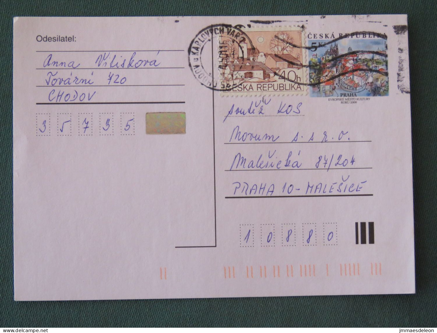 Czech Republic 2001 Stationery Postcard 5 Kcs Prague Sent Locally + Church - Briefe U. Dokumente