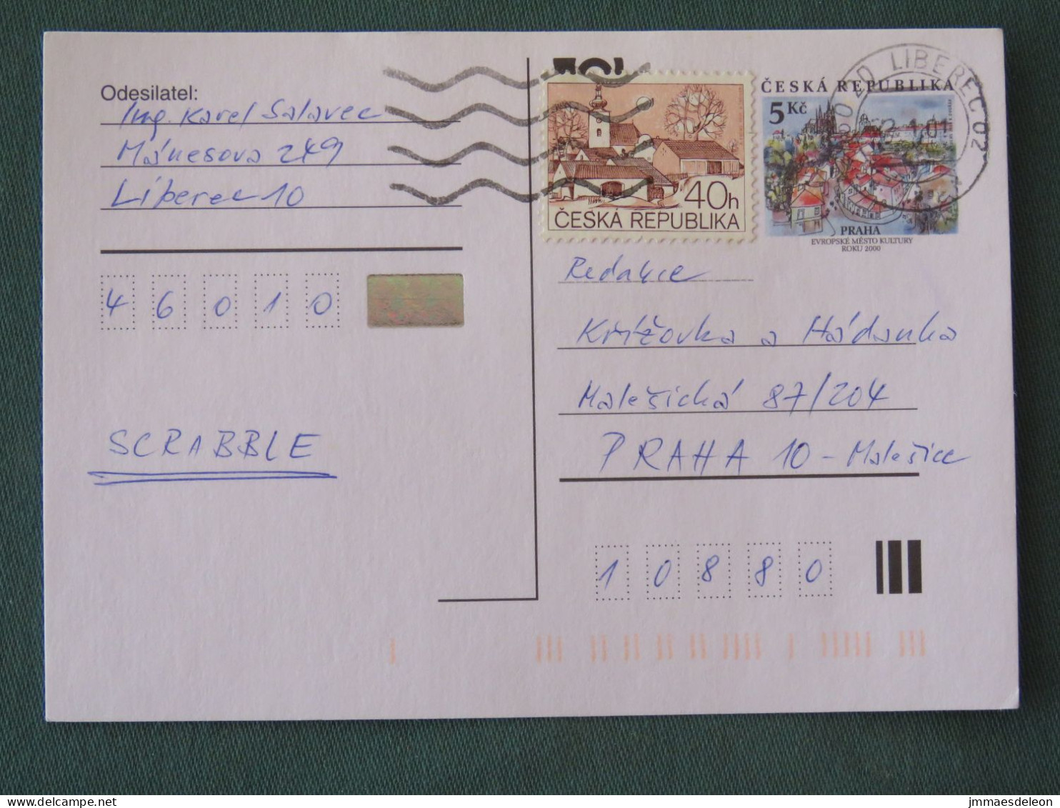 Czech Republic 2001 Stationery Postcard 5 Kcs Prague Sent Locally + Church - Briefe U. Dokumente