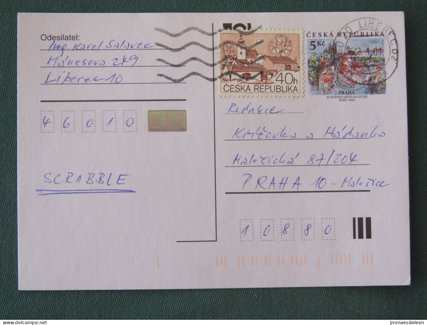 Czech Republic 2001 Stationery Postcard 5 Kcs Prague Sent Locally + Church - Storia Postale