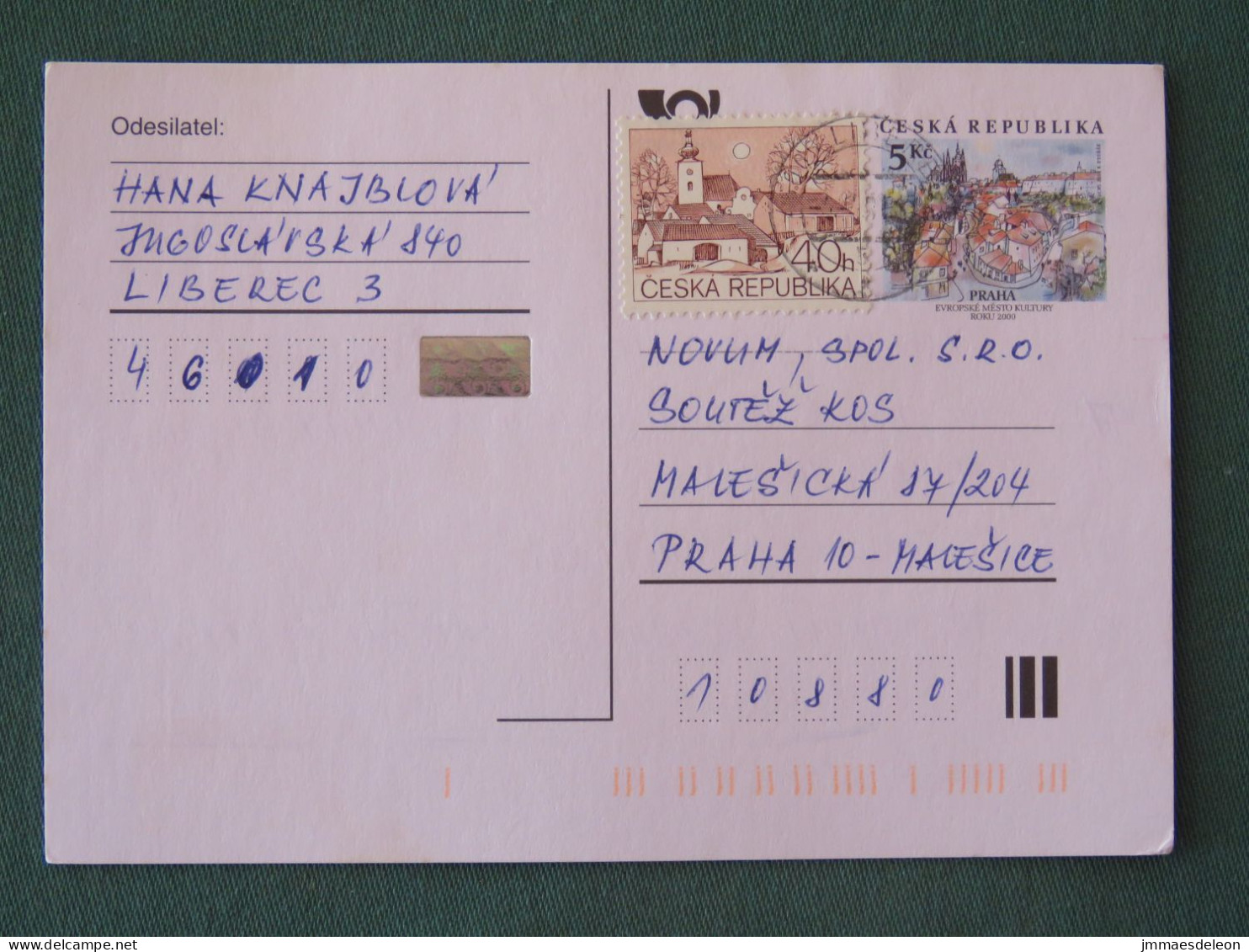 Czech Republic 2001 Stationery Postcard 5 Kcs Prague Sent Locally + Church - Storia Postale