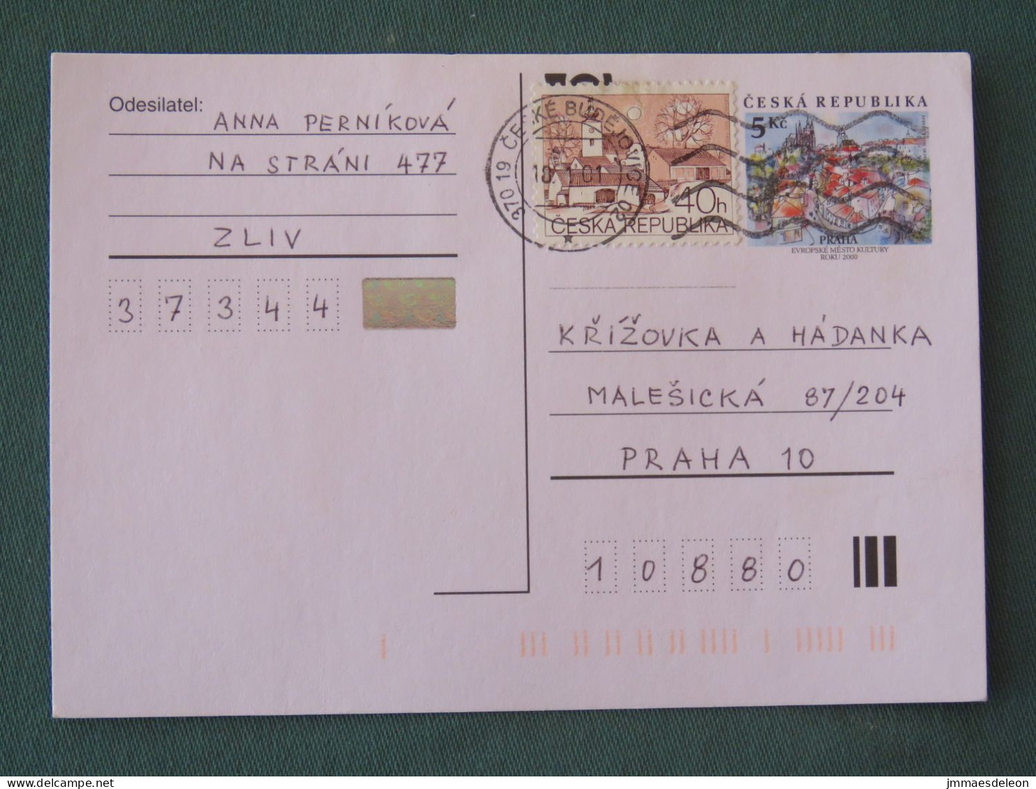 Czech Republic 2001 Stationery Postcard 5 Kcs Prague Sent Locally + Church - Briefe U. Dokumente