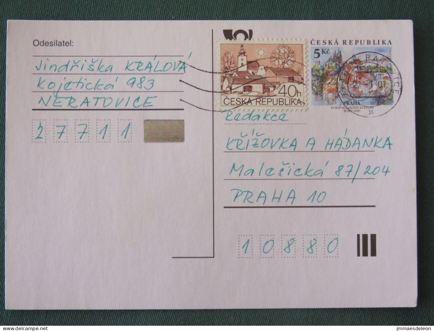 Czech Republic 2001 Stationery Postcard 5 Kcs Prague Sent Locally + Church - Briefe U. Dokumente