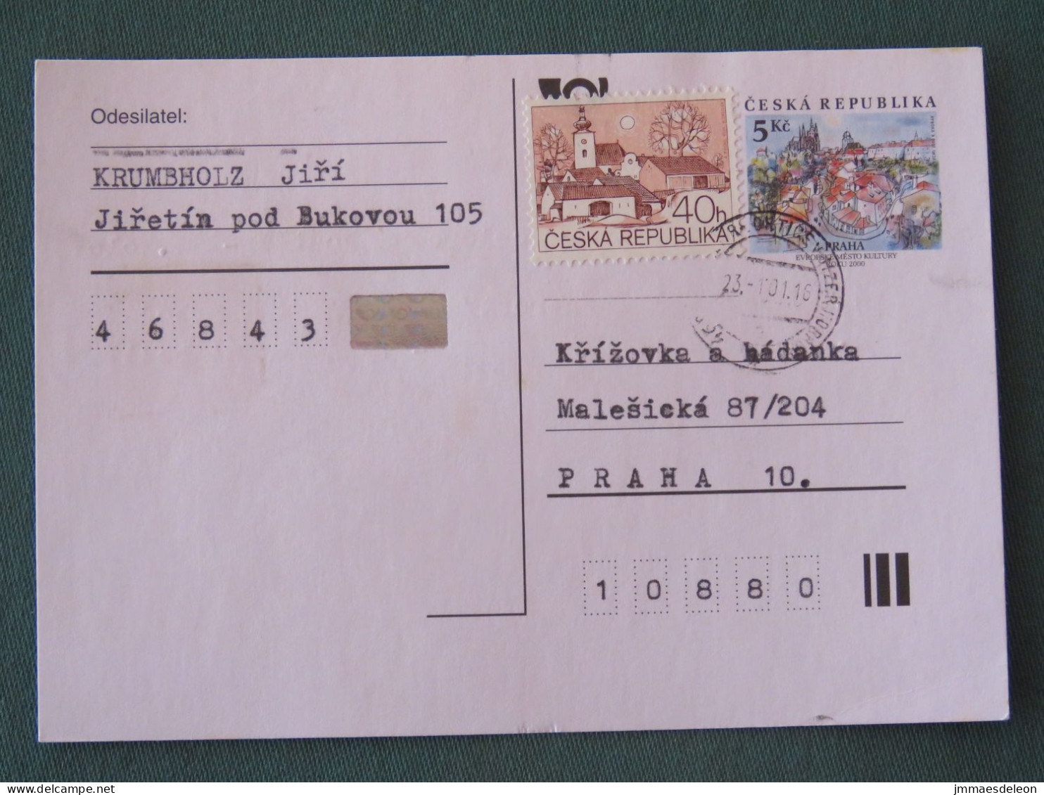 Czech Republic 2001 Stationery Postcard 5 Kcs Prague Sent Locally + Church - Briefe U. Dokumente