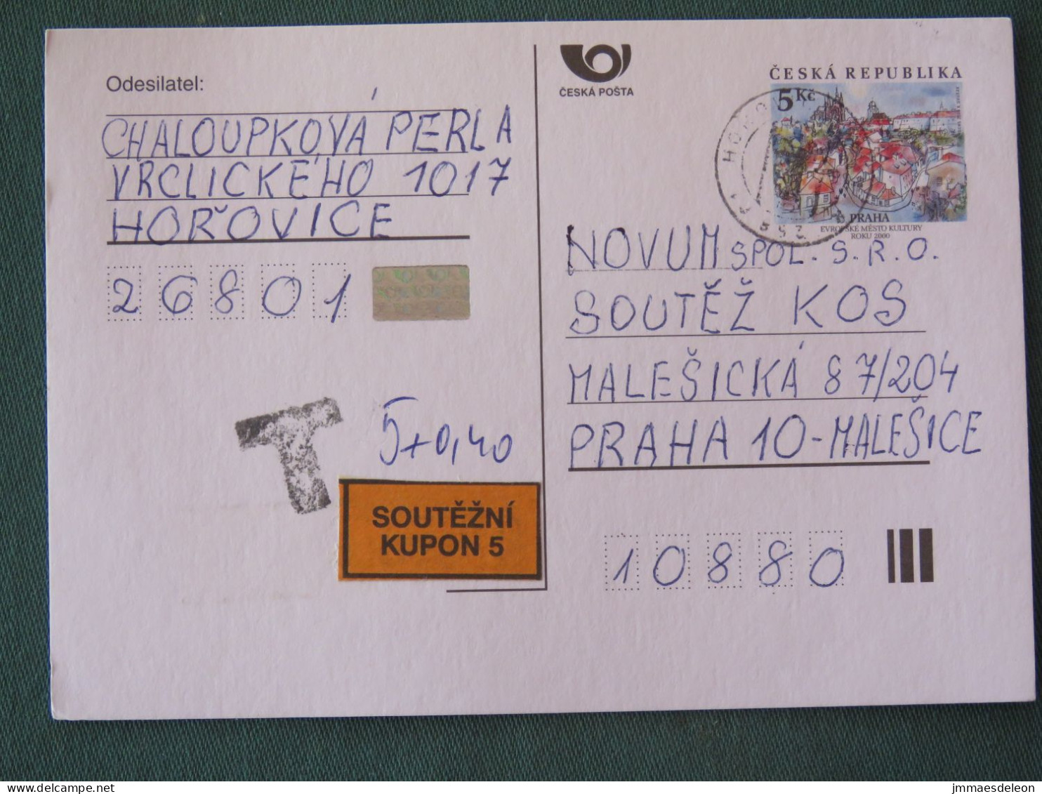 Czech Republic 2001 Stationery Postcard 5 Kcs Prague Sent Locally From Horovice + Church, TAX Cancel - Covers & Documents