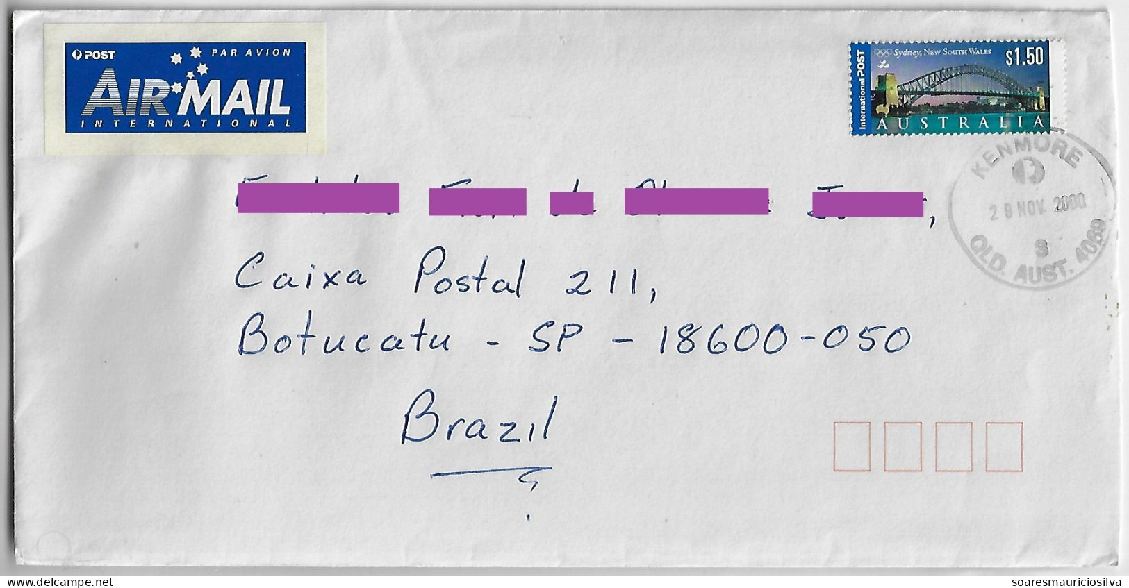 Australia 2000 Airmail Cover Sent From Brisbane Agency Kenmore To Botucatu Brazil Stamp Sydney Olympics Harbor Bridge - Covers & Documents