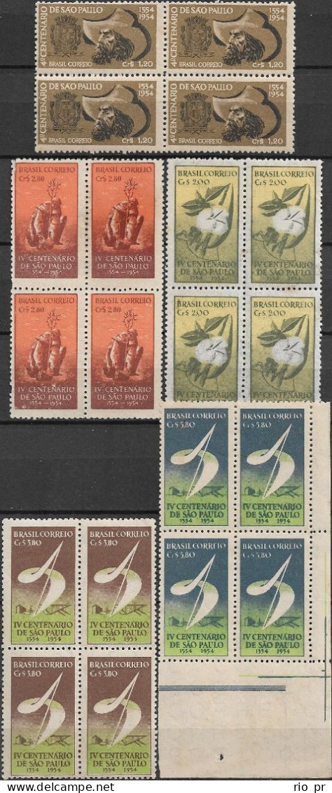 BRAZIL - COMPLETE SET IN BLOCKS OF FOUR 400th ANNIVERSARY OF SÃO PAULO 1953 - MNH/MH/NEW NO GUM - Ongebruikt