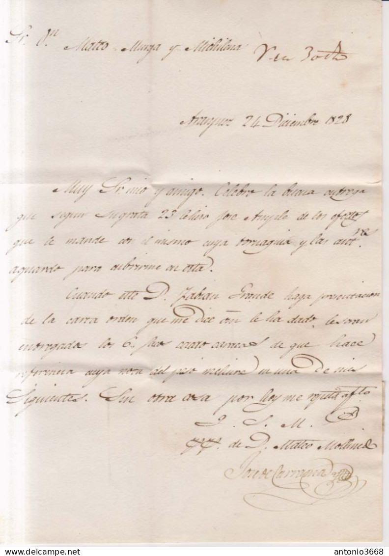 Año 1828 Prefilatelia Carta Marcas Nº2 Roja C N Aranjuez Porteo Rojo 5 Y Llegada Jose De Carraona - ...-1850 Vorphilatelie