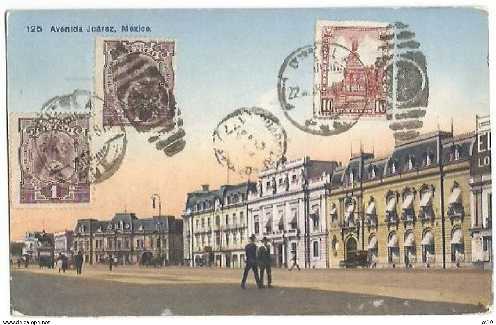 Mexico City Avenida Juarez Color PPC 22mar1924 To Italy With 3 Stamps On The Front From Puebla - Mexique