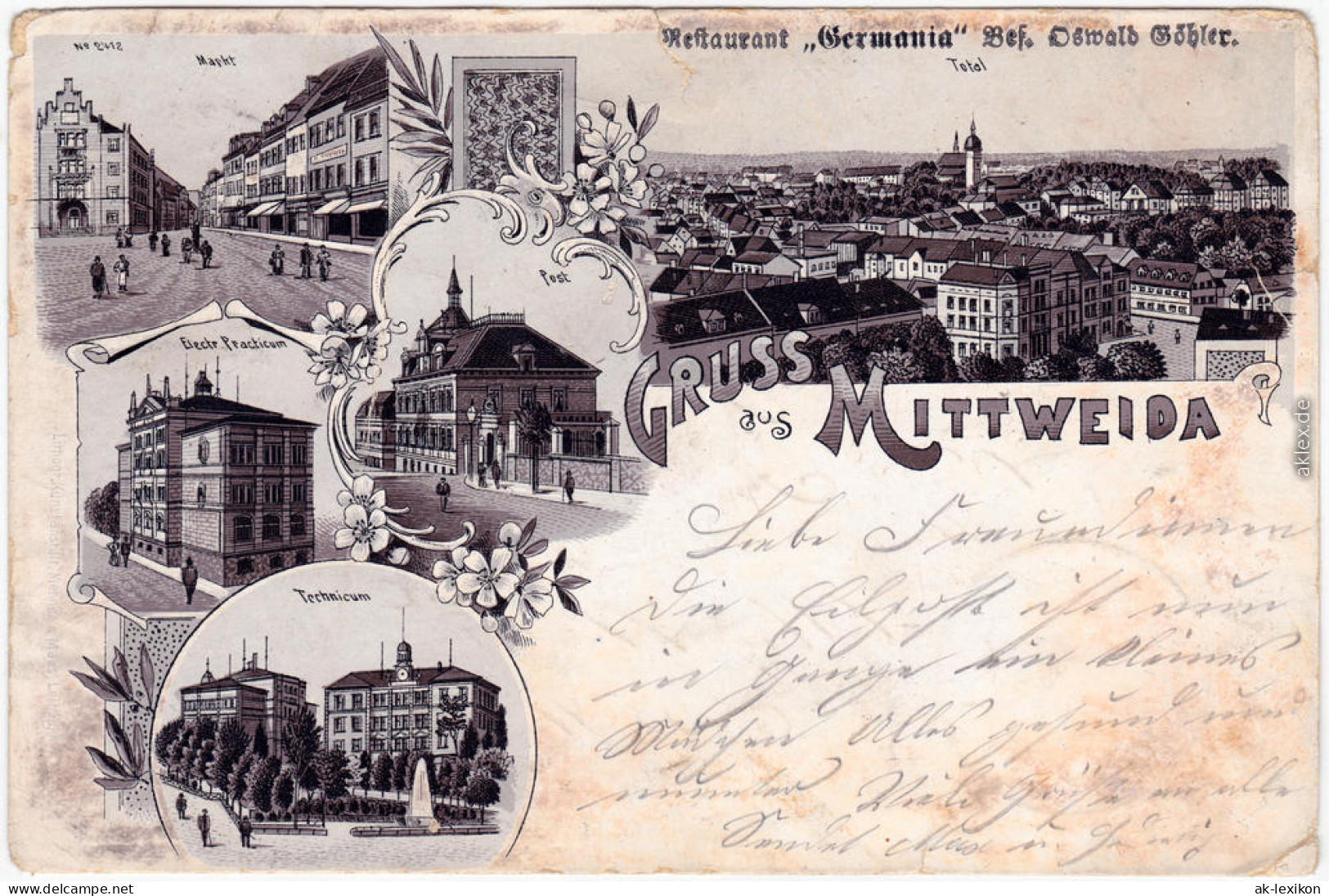Mittweida MehrbildLitho: Markt, Technikum, Panorama Ansichtskarte G 1900 - Mittweida
