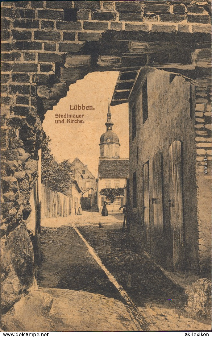 Lübben (Spreewald) Lubin (Błota) Straßenpartie   Stadtmauer Und Kirche 1922 - Lübben (Spreewald)