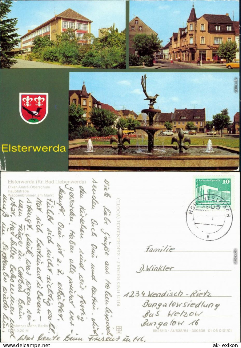 Elsterwerda Wikow Oberschule, Hauptstraße, Elsterbrunnen Am Markt G1984 - Elsterwerda