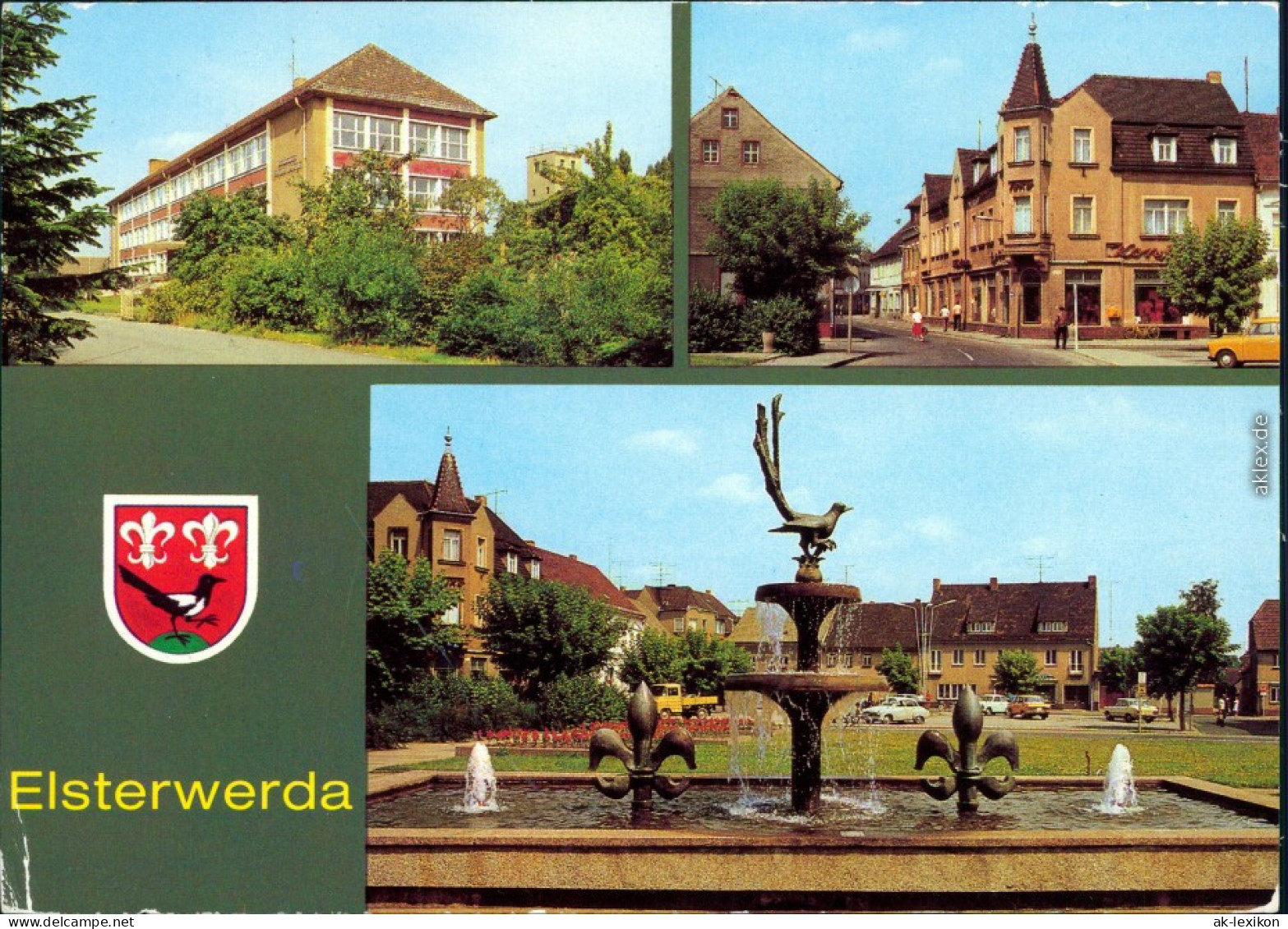 Elsterwerda Wikow Oberschule, Hauptstraße, Elsterbrunnen Am Markt G1984 - Elsterwerda