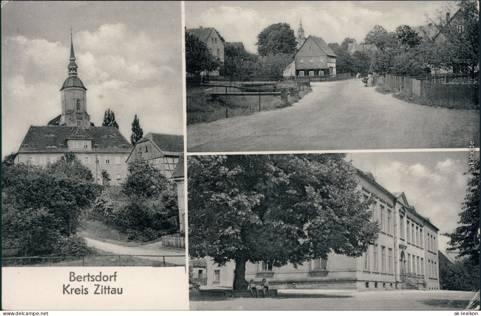 Ansichtskarte Bertsdorf-Hörnitz Kirche, Schule, Straßenansicht 1959 - Bertsdorf-Hoernitz