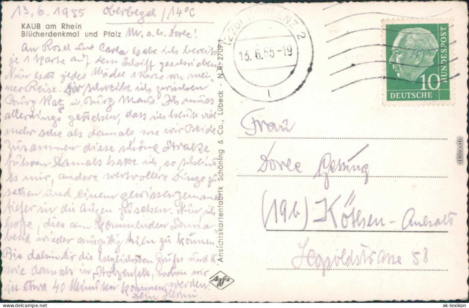 Ansichtskarte Kaub Blücherdenkmal Und Pfalz 1955 - Kaub