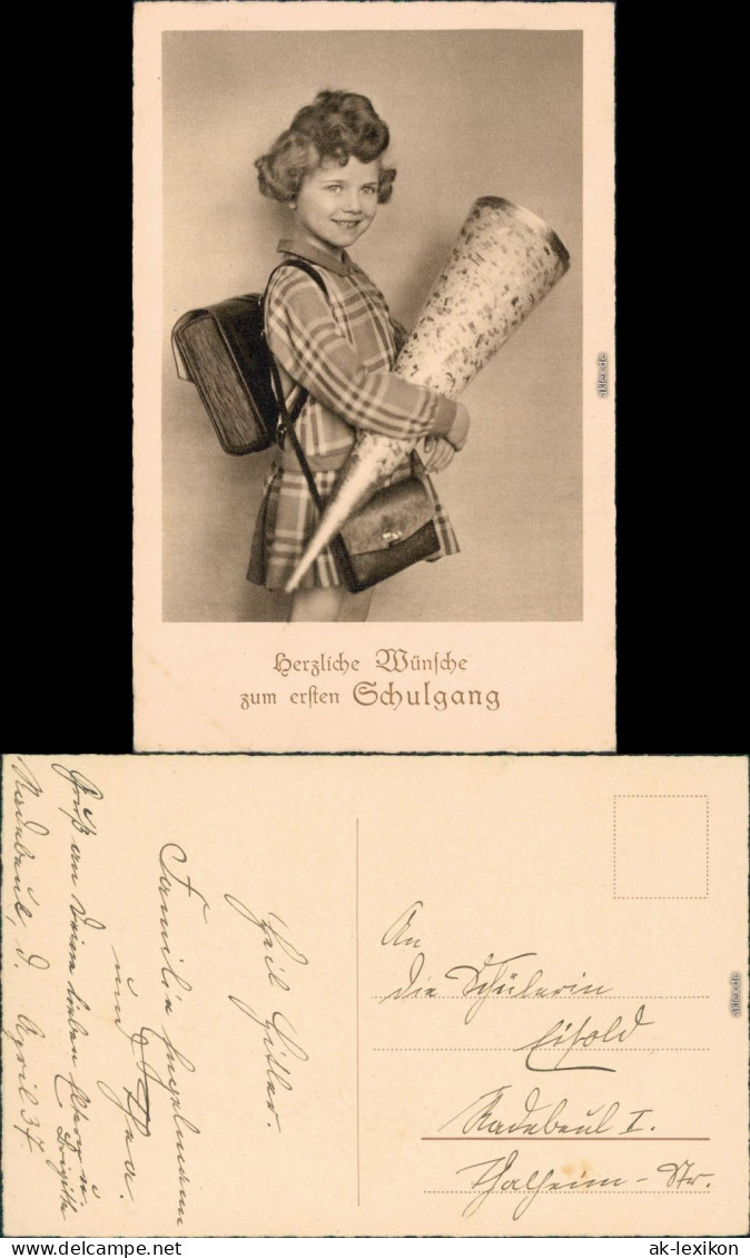 Glückwunsch - Schulanfang/Einschulung: Mädchen Mit Zuckertüte 2 1937 - Einschulung