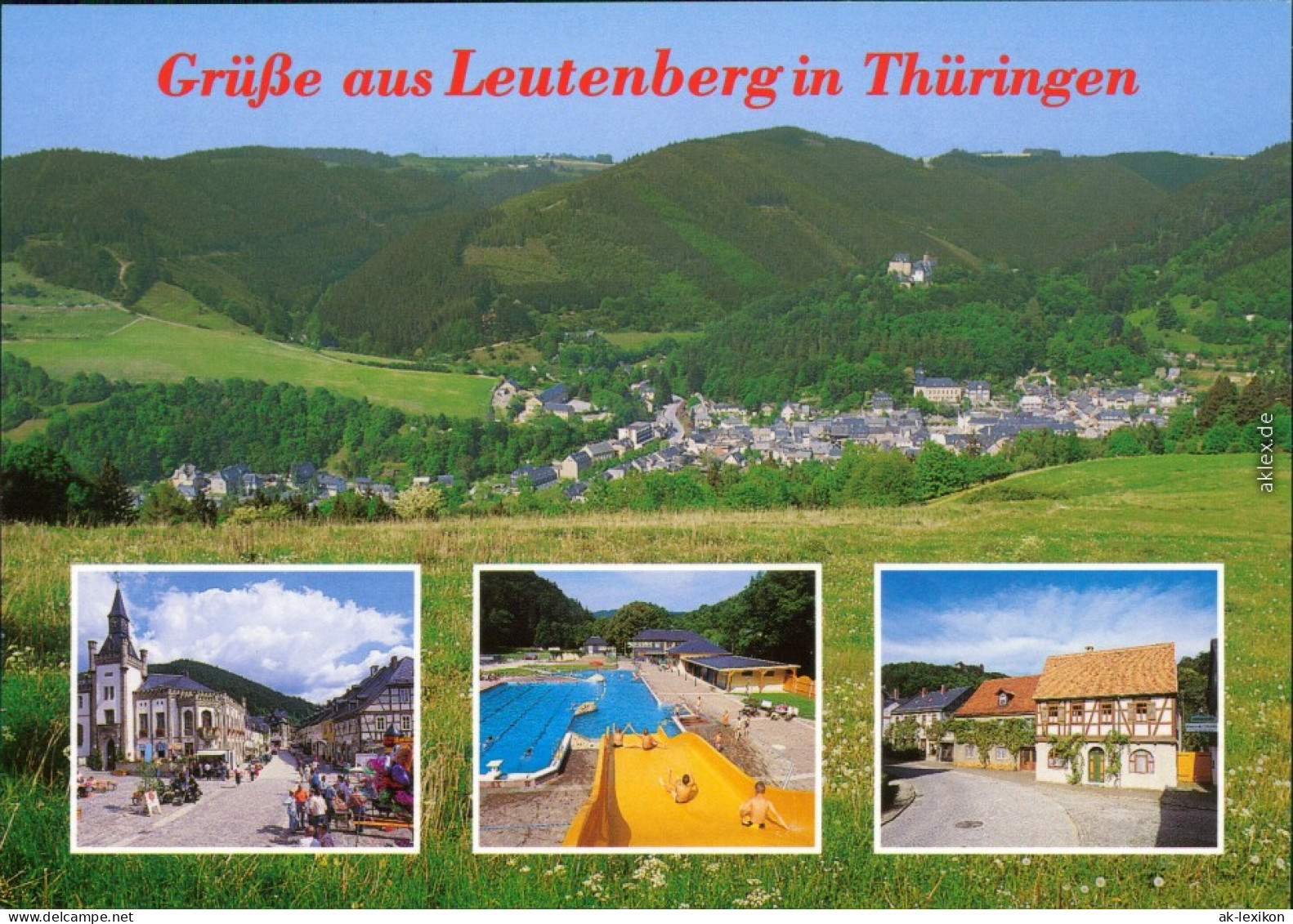 Ansichtskarte Leutenberg Panorama, Rathaus, Freibad, Straße 1999 - Leutenberg