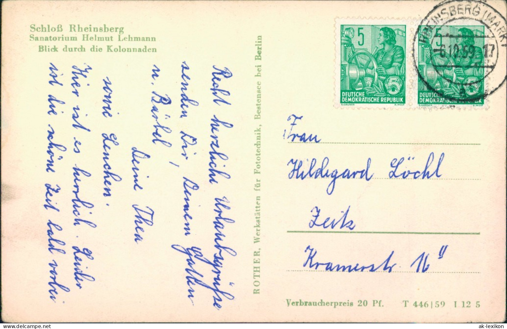 Ansichtskarte Rheinsberg Sanatorium Helmut Lehmann 1959 - Rheinsberg