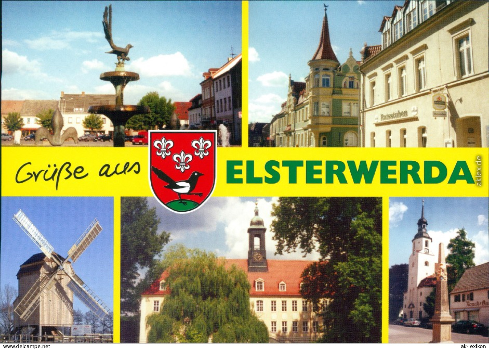 Elsterwerda Wikow Marktbrunnen Bockwindmühle, Elsterschlossgymnasium,  1995 - Elsterwerda