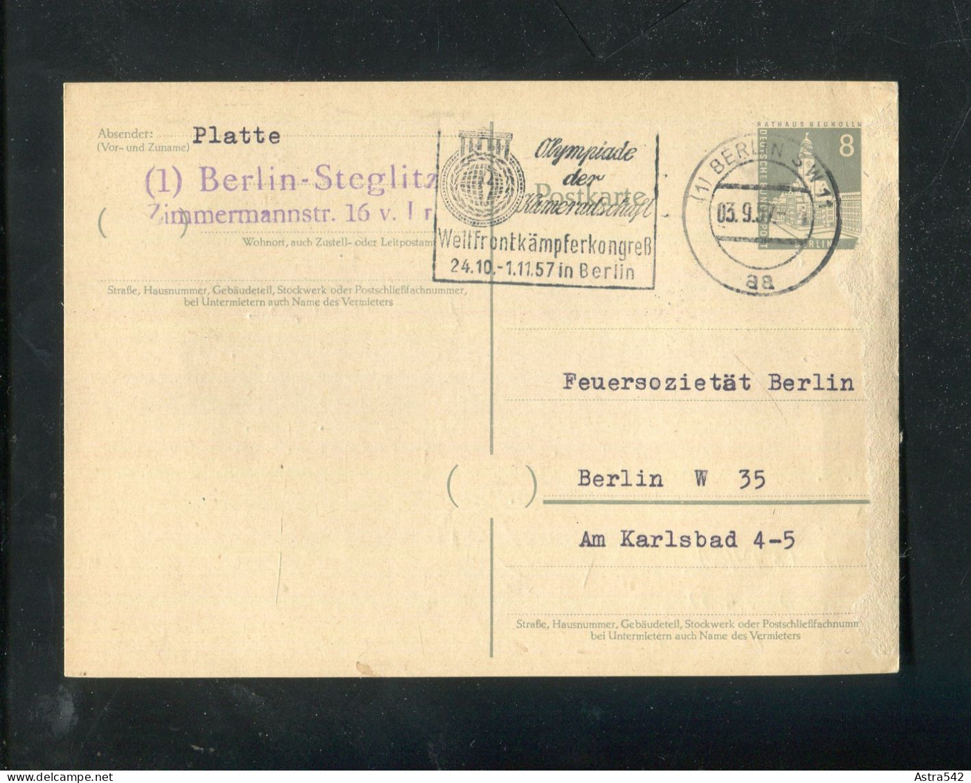 "BERLIN" 1957, Postkarte Mi. P 35 Stempel "BERLIN, Olympiade Der Kameradschaft" (50149) - Postkarten - Gebraucht