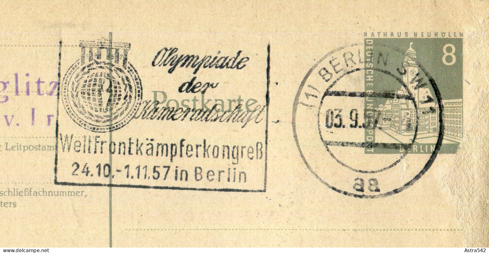 "BERLIN" 1957, Postkarte Mi. P 35 Stempel "BERLIN, Olympiade Der Kameradschaft" (50149) - Postcards - Used